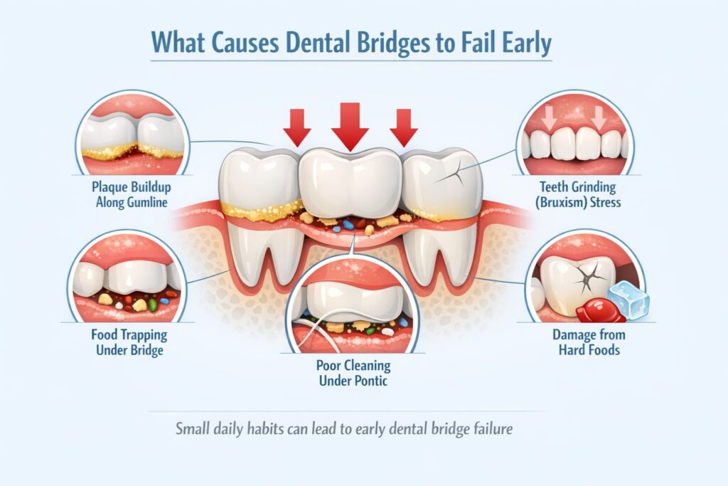 causes of early dental bridge failure