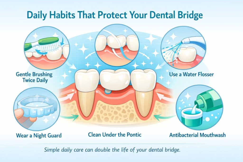 daily habits to protect dental bridge